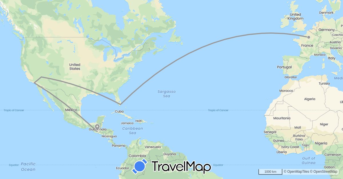 TravelMap itinerary: driving, plane in France, Guatemala, United States (Europe, North America)